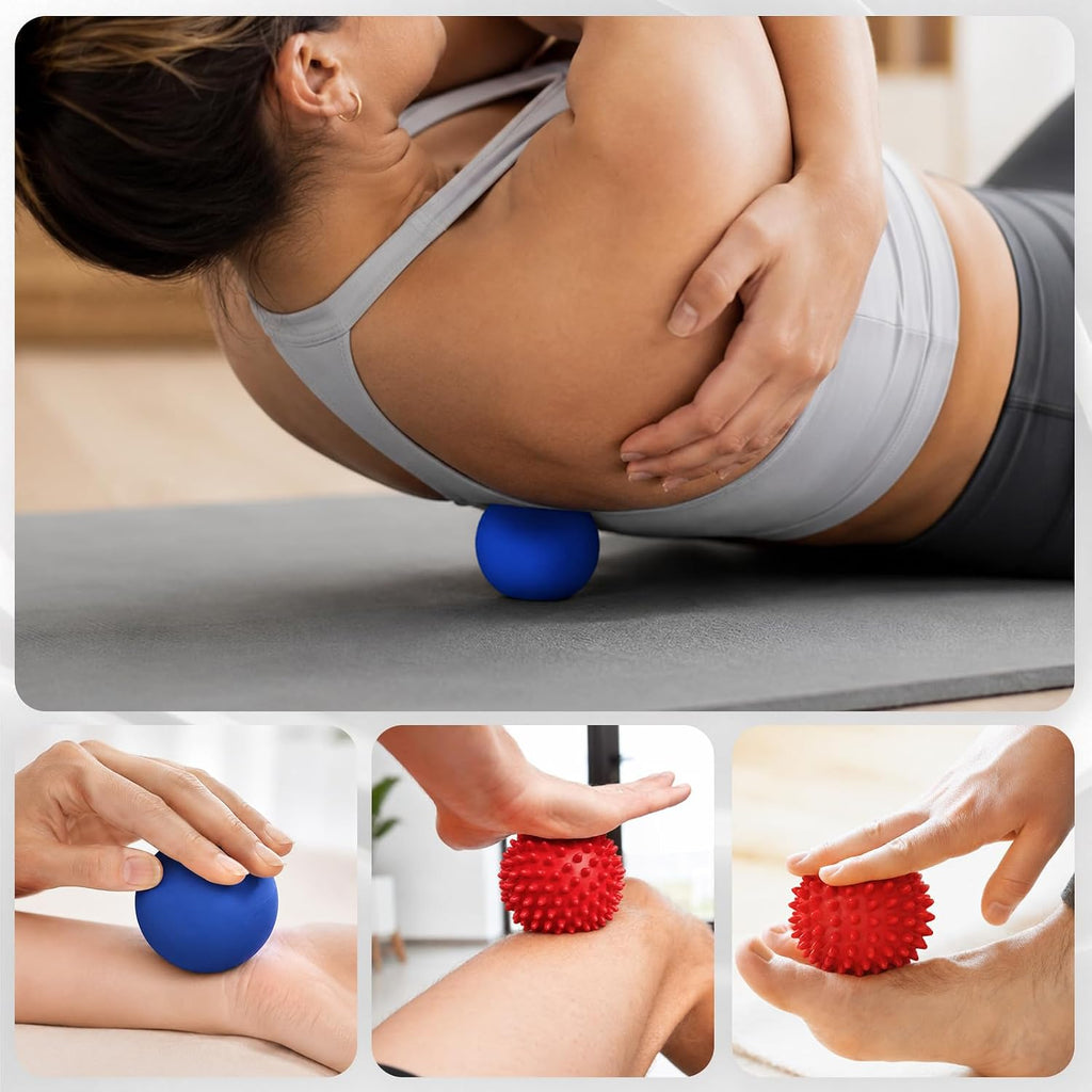 Rolling the massage balls on a yoga mat
