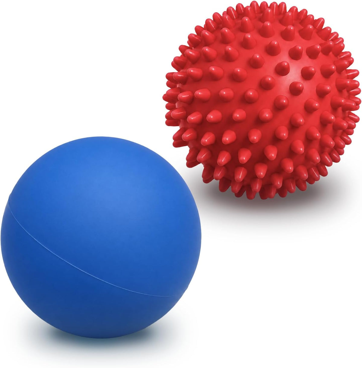 Blue lacrosse ball and red spiky massage ball
