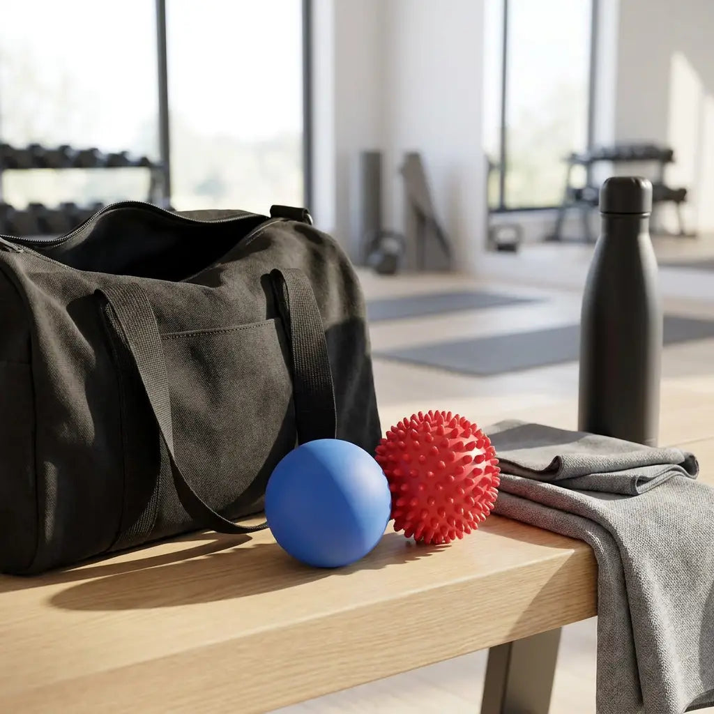 Massage ball set next to a gym bag