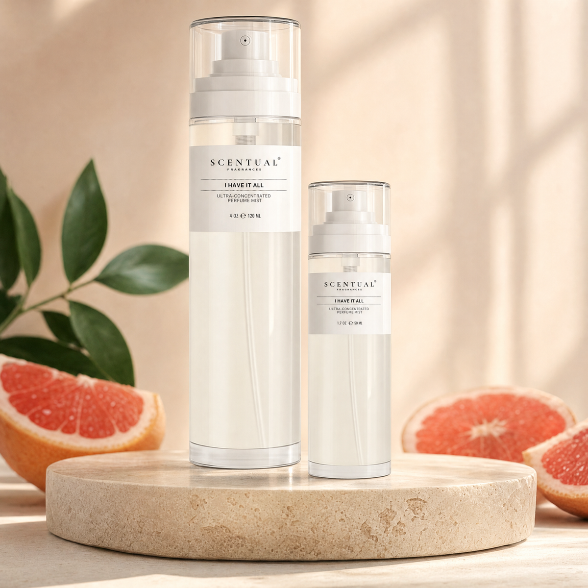 Ultra-Concentrated Perfume Mist in 4 oz and 1.7 oz on a stone pedestal